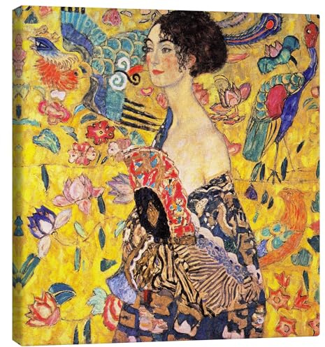Posterlounge Dame mit Fächer Leinwandbild von Gustav Klimt 50 x 50 cm Bunt Wandbilder Wanddeko