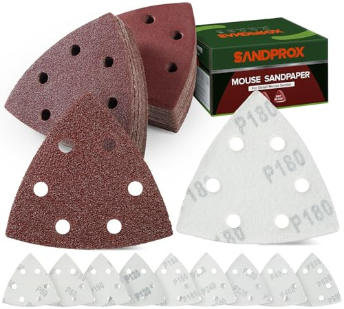 SANDPROX Multi Tool Triangle Sanding Pads 50 PCS 93mm Detail Mouse Sander Pads Dust-Free 6 Holes Hook and Loop 40/60/80/100/120/180/240/320/400/800 Grit