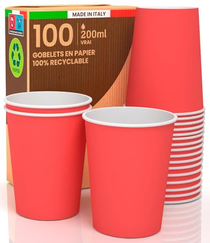 100 Tasse Becher aus Papier, 200 ml, umweltfreundlich, biologisch abbaubar, Einweg, hergestellt in Italien, zum Mitnehmen, warme Getränke, Wasser, rot – hergestellt und verpackt in Italien