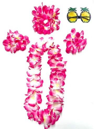 duoyif Hawaii Blumenkette Set 5Stück HawaiiKette Blumen Mit Ananas Brille Hawaii Outfit Zubehör Hula Blumenkette Für Hawaii Strand Partys Sommer Karneval Jubel Fußball-Cheerleading (Rosa)