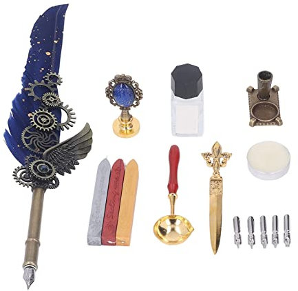 Emoshayoga Kalligraphie Stifte Set Federstift Set Quill Pen Kit mit Feuerwachs, Brieföffner, Kerzenbasis, Stempel, Marineblau