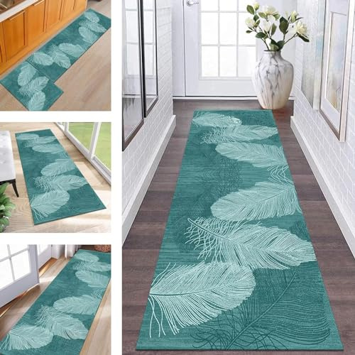 ZESEWU Teppich Läufer Flur Küche Waschbar rutschfest Korridor Teppichmatten 50X120CM Cyan Abstrakt Küchenteppich Flurteppich Schlafzimmer Esszimmer Polyester Teppichläufer Meterware Anpassbar