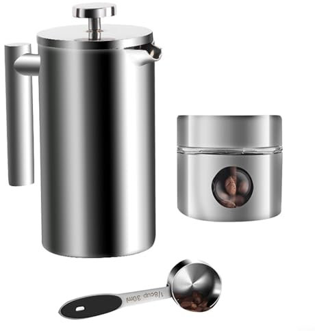 Zoegneer Kit de prensa francesa de acero inoxidable con tarro de sellado, cuchara, cafetera de prensa francesa con aislamiento de doble pared (tarro plateado de 800 ml)