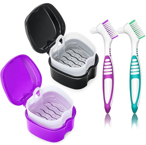 Denture Bath Case Denture Cleaning Cup with Brush Set, 2 Pack False Teeth Container Denture Storage Bath Box Case Retainer Holder Case with Strainer Basket and Lid Waterproof - Purple & Black
