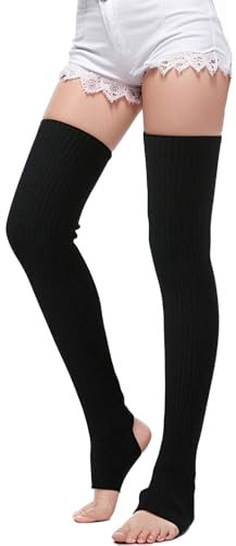 XDGBGFN Damen Beinwärmer Lange Winter Beinstulpen mit Fersenloch Gestrickt Strumpf für 80er Jahre Party Ballett Fitness Yoga (Schwarz, Standard)