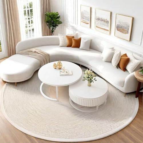 Couchtisch Rund Weiss 2er Set Runde Couchtische Mit Marmor Tischplatte Wohnzimmertisch Weiß 50+70cm Couch Tisch Mit Schublade Satztische Fürs Wohnzimmer Beistelltisch Stabilem Metallgestell