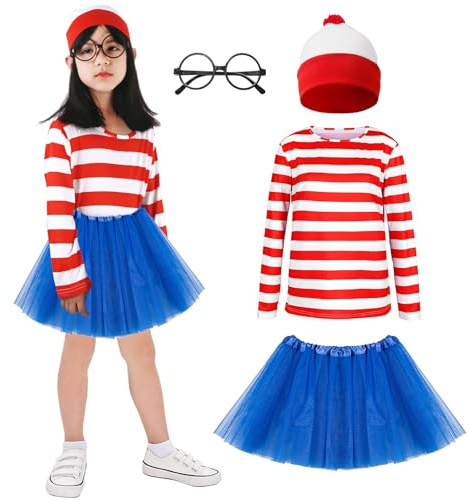 Kitimi Kids World Book Day Costume Long-Sleeved Red and White Striped T-Shir, White & Red Hat+TUTU Dress, Wally Costume Cosplay Set, Girls World Book Day Carnival Fancy Dress Outfit