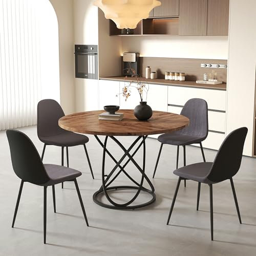 GOLDFAN Esszimmer-Set mit Rundem Tisch 120 cm und 4 Stühlen aus Bequemen Stoffen, Großer Tisch 120 cm, Rund, mit Stuhl für 4-6 Personen (Grau-PU)