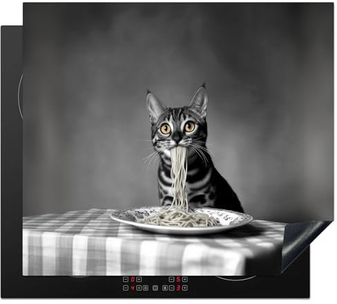 KitchenYeah© Protector Vitroceramica 60x52 cm Tapa para induccion Placa Encimera Cubre de Protectora Cocina Bengala - Gato - Mantel - Negro - Blanco - Animal