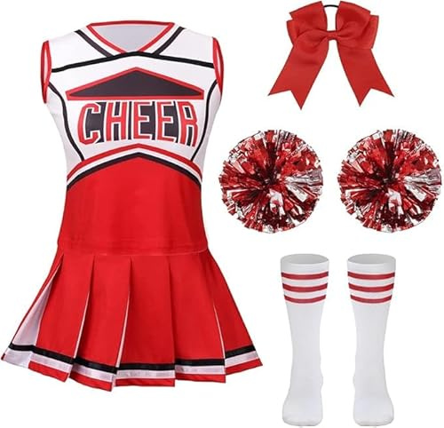 HAPNBCELE Cheerleader Costume for Girls, Cheerleading Outfit with Bow, Pom Poms, Socks, Kids Cheer Uniform Halloween Birthday Party Performance World Book Days 3-14 Years (Red, 8-9 Years)