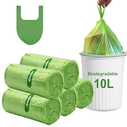 Biodegradable Bin Liners 10L, 100 Counts Small Food Waste Bags, Rwoyurr Tie Handle Compostable Caddy Bag, Thick Recycling Degradable Clear Green Trash Garbage Rubbish Bag for Kitchen Bathroom, 45x60cm