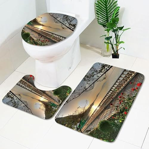 Badrumsmatta brunt landskap WC mattor med utsnitt WC lockskydd 3 delar WC matta halkfri badrumsset U-formad badmatta tvättbar badrumsmattor set 50 x 80 cm