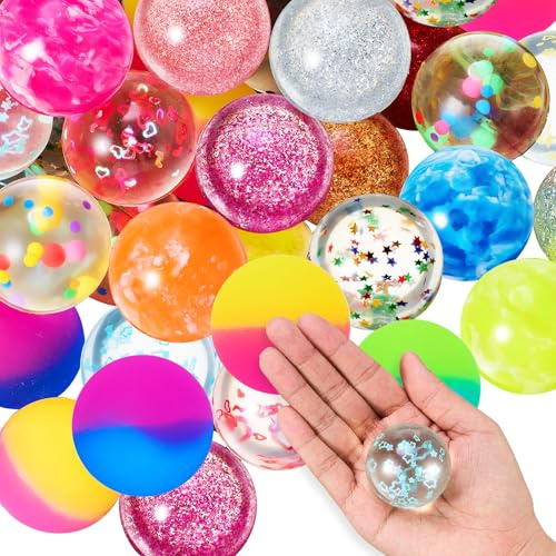 Shappy 60 Stück 45 mm große Flummis mit Glitzer, mit Aufbewahrungstasche, große Hüpfbälle für Geschenktüten, Geburtstagspartys, verschiedene Farben (bunt)