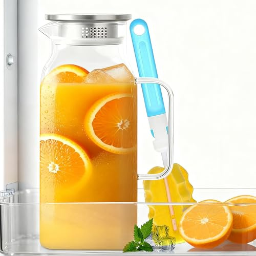 Litrue 2L Water Pitcher for Fridge Door, Clear High Borosilicate Glass Water Jug with Stainless Steel Lid for Milk, Cocktail,Tea,Coffee and Juice Hot or Cold Beverage
