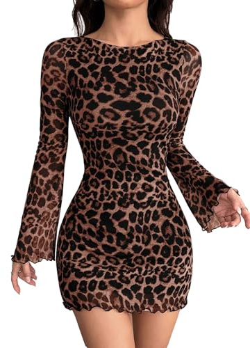 SweatyRocks Kleid Damen Langarm Leo Kleid Y2K Minikleid Leopardenmuster Mesh Langarmkleid Leprint Kleider Bodycon Partykleid mit Glockenärmeln