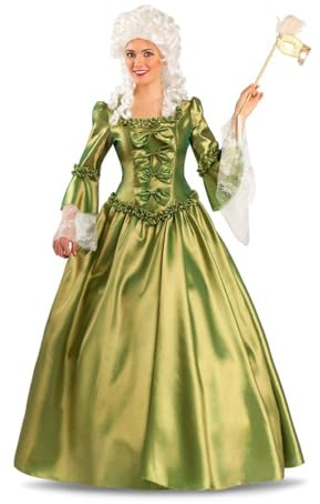 My Other Me - Disfraz Mujer Versalles, talla M-L. Incluye vestido largo verde de tela sedosa con brillo, detalles de lazos y fruncidos, cremallera, mangas acampanadas con encaje blanco, y enagua.