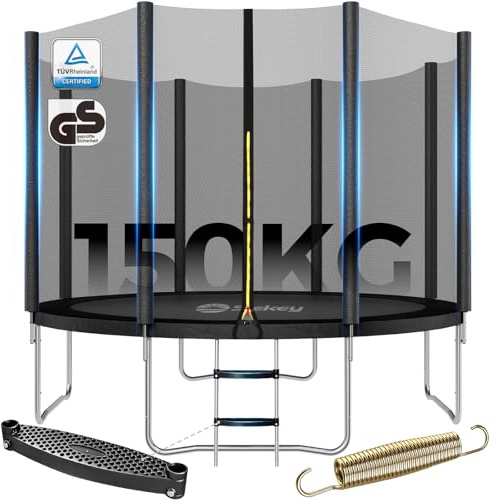Sekey Trampolin Outdoor Ø 244/305/366 cm - TÜV Rheinland GS-Zertifiziert, Kindertrampolin Gartentrampolin mit Rutschfester Leiter, verstärktem Sicherheitsnetz und Randabdeckung 366CM 150KG, Schwarz