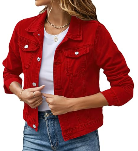 Chaqueta de mezclilla para mujer, con botones, color liso, vintage, básica, manga larga, estilo novio, chaqueta vaquera, rosso, M