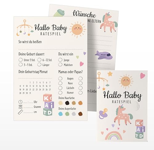 Babyparty Karten zum Ausfüllen – 15 Ratekarten in Geschenkbox – Babyshower Ratespiel – Tippkarten für Gender Reveal Baby Party - (MOTIV 1)