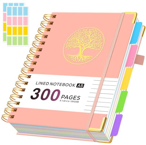 ROBCURSE A5 spiralanteckningsbok med avdelare, 5 ämnes-anteckningsbok med 300 sidor/150 ark 100 GSM linjerat papper, ingen blödning, 5 projekt anteckningsblock för att skriva anteckningar