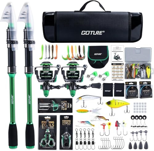 Goture Angelset Komplett mit 2 Teleskop Angelrute 24T Carbon, 2 Spinnrolle mit 9+1 Edelstahlkugellager, Profi Angel Zubehör Set inkl. Angelschnur und Tasche für Forelle, Hecht, Süß- und Salzwasser