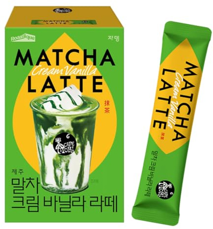 ROASTIQUE Official Café Mori Jeju Matcha Latte, 10 Sticks, 90 Calories, Ceremonial Grade Green Tea Powder Sweetened Café Quality Drink Mix, Cream Vanilla, 7 oz