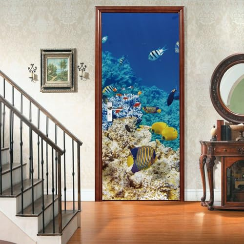 Türtapete Selbstklebend 100x200 cm Unterwasserwelt Türaufkleber Türfolie Türposter Vinyl Aufkleber, für Schlafzimmer Badezimmer Küche Büro Abnehmbare Türdekoration