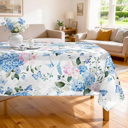 Arquiel Blue Hydrangea Table Cloth Rectangle Machine Washable floral Tablecloth, 152 * 213 cm, Polyester Spring Table Cover for Kitchen Dinner Party Outdoor Decor