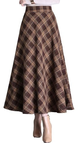 Jupe longue plissée en laine à carreaux pour femme - Taille élastique - Jupe tartan d'hiver décontractée - Longueur genou, marron, XX-Large
