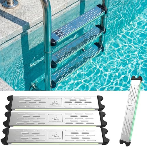 Moxweyeni 3 Pack Stainless Steel Pool Ladder Step Replacement with Reflective Strips 1.7 Swimming Non Slip Ladder Rung Step with Bumpers Escutcheon Plates 18 Ladders for Inground Aboveground Pool