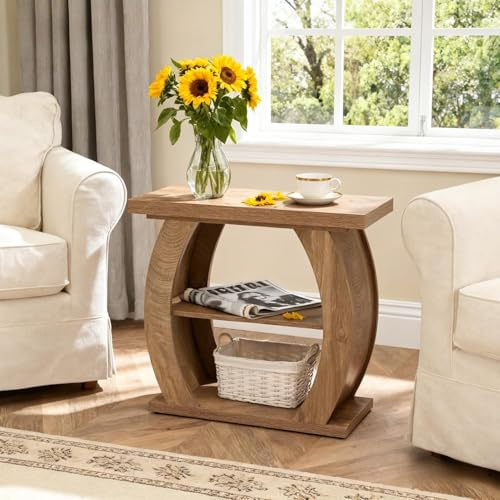 Tribesigns Beistelltisch, 3 Ablagen Nachttisch Schmal mit Stauraum, Gebogener Sofatisch Holz, Landhausstil Kleiner Tisch Beistelltisch für Wohnzimmer, Schlafzimmer, kleine Räume, Natur (1)