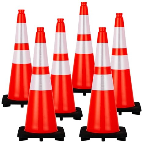 28 Inch Traffic Cones, Heavy-Duty Orange PVC Safety Cones with 2 Reflective Collars - for Road Parking, Construction, and Hazard Safety，6 Pack