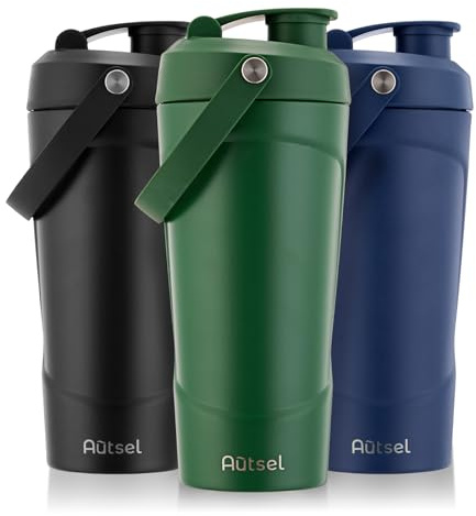 Autsel Protein Shaker Edelstahl, 750ml Trinkflasche Auslaufsicher | Trinkflasche Sport mit Kugel, Eiweiß Shaker Becher für Gym, Training, Unterwegs & Alltag, BPA Frei, Dunkelgrün
