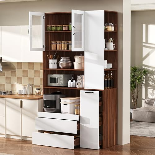 STAPERFO Buffetschrank mit Riffelglas, 2 Schubladen & ausziehbaren, verstellbaren Einlegeböden – Highboard & Mehrzweckschrank als Sideboard Küche, MDF weiß/nussbaum, 100x40x200 cm