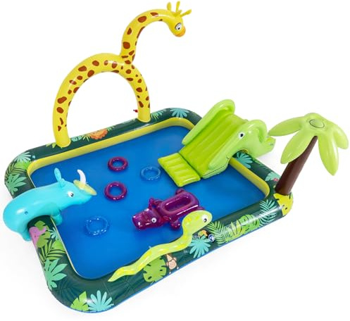 FANTASK Centro de juegos acuáticos inflable de animales de la selva, 208 x 178 x 138 cm, piscina infantil con aspersor, tobogán y juego de lanzamiento, campo de juego acuático para niños a partir de 2