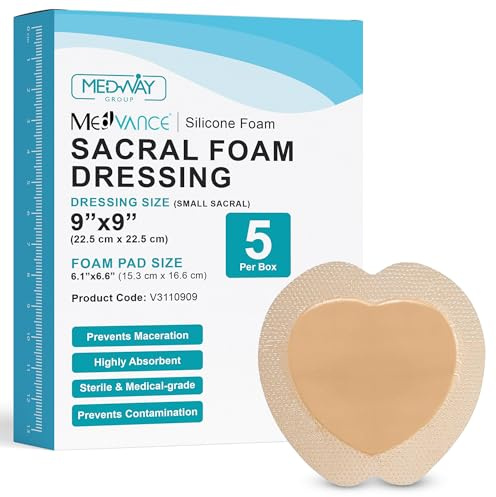 MedVance™ Silicone – Sakralt kantat självhäftande skumförband med silikon, förband för behandling av trycksår på korsbenet, storlek 22.5 cm x 22.5 cm (15.3 cm x 16.6 cm), förpackning med 5 förband