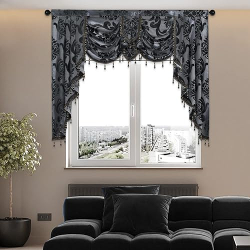 NAPEARL Mantovana a cascata nera per finestre, lussuose tende mantovane per soggiorno, camera da letto, sala da pranzo, finestra a golfo, tende jacquard per finestre, larghezza 154 cm
