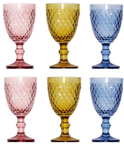 Solycarpa Juego De 6 Copas de Cristal Transparente para Fiesta, Boda o Bautizo Original y Resistente (2 Rosa + 2 Azul + 2 Ámbar). Ideal para Vino, Cava o Agua.