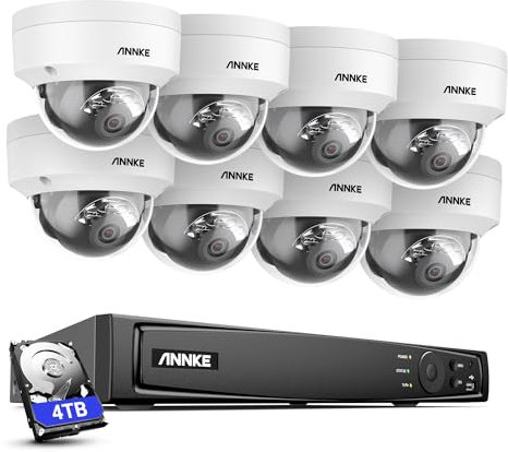 ANNKE Kit de vigilancia con Cable, 4K 16CH PoE con Audio y cámara IP 8X 8MP PoE Impermeable IP67, Resistente al vandalismo IK10, 4TB para grabación Interna 24/7, visión Nocturna 30M
