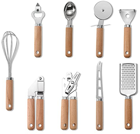 STOYRB 9 Pcs Kitchen Gadget Set Stainless Steel Utensil Set Wood Handle with Pizza cutter, Garlic press, Can opener, Bottle opener, Ice cream scoop, Peeler, Cheese grater, Cheese knife, and Whisk