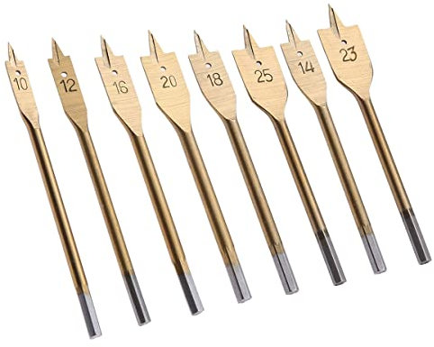 SagaSave 8-teiliges Hochgeschwindigkeits-Spaten Bohrer-Set, flache Bits für Holz, weiches und Hartholz, Gipskarton, Klinker, Schaumstoff-Box, Gold