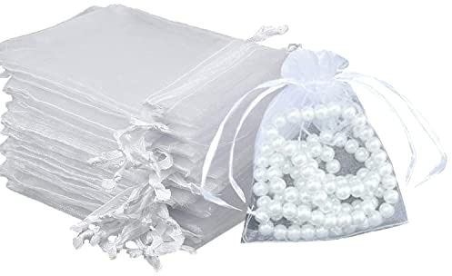 Intckwan 100 Pezzi Sacchetti Organza 10 x 15, Bianco Trasparente Sacchetti Portaconfetti per Bomboniere Comunione Matrimonio Compleanno Gioielli Bustina Natale Regalo con Cordino
