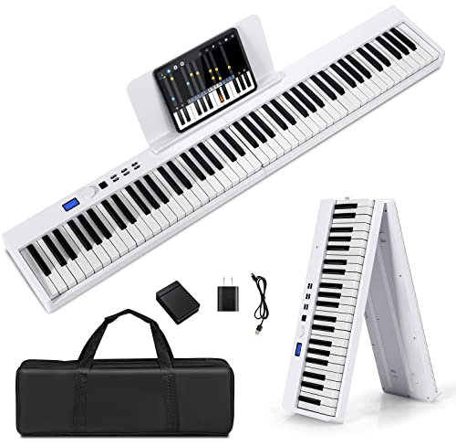 COSTWAY 88-Key Foldable Digital Piano Keyboard, Full Size Semi-Weighted Keyboards with MIDI, Split Function, Sustain Pedal & Carrying Bag, Portable Electric Pianos for Beginner, Kids, Adult (White)