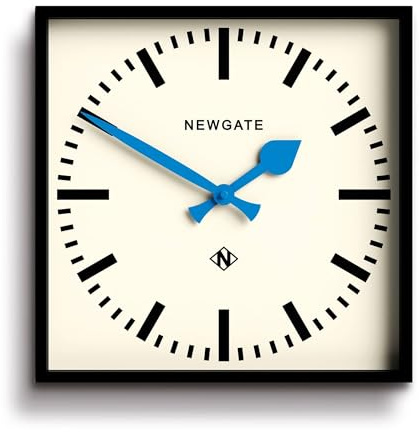 NEWGATE® Number Five wall clock | Square retro inspired modern station clock | 40cm | Black with blue hands | Mid-century style for kitchen, living room or office