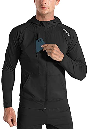 BROKIG Leichte Laufjacke Herren Hoodie Fitness Sportjacke | Trainingsjacke Herren mit Reißverschluss, Schnelltrocknende Fahrrad Jacke Herren, Running Jacket Men Atmungsaktiv