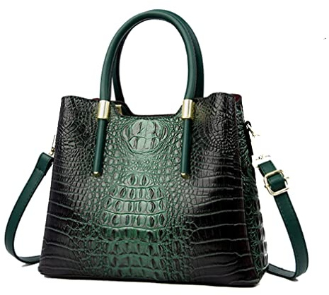 ANNI RIEL Leder-Handtasche für Damen, Krokodil-Tragetasche, große Handtasche mit Tragegriff oben, Retro-Umhängetasche, grün, Large