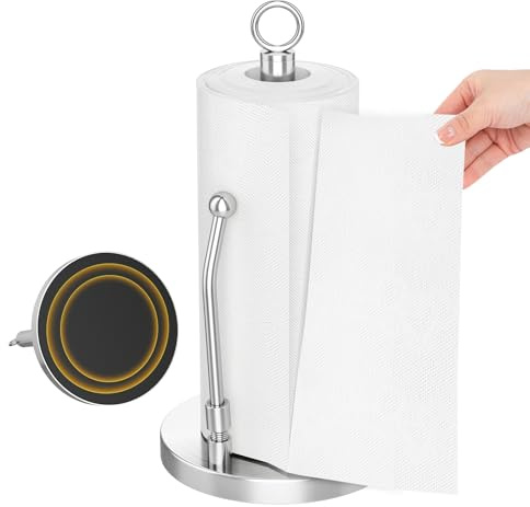 Papierhandtuchhalter aus Edelstahl – Papierhandtuchspender mit Einer Hand abreißbar, stehend, beschwerter Boden, rutschfest, Federarm, Edelstahl-Papierhandtuch passt in Küche, Badezimmer,