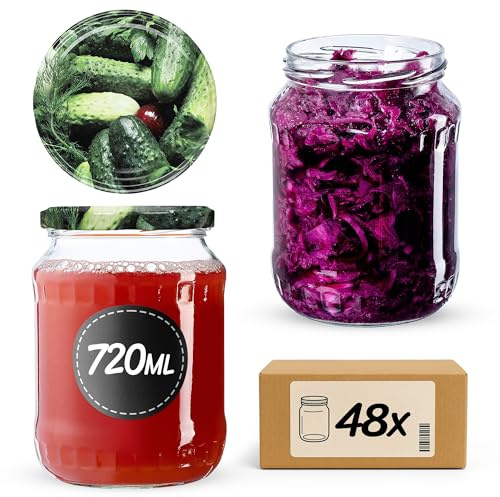 KADAX Set med 48 konserveringsburkar 720 ml TO82 gurkor, stora fallburkar med skruvlock, konserveringsburkar fermenteringsglas för gurkor, grönsaker, surdeg