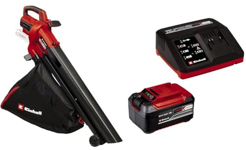 Einhell Aspirador de Hojas con batería VENTURRO 18/210 Power X-Change (18 V, Potencia de aspiración 500 m³/h, Bolsa colectora 45 l, función de soplado hasta 210 km/h,)+ Starter Kit 5,2Ah