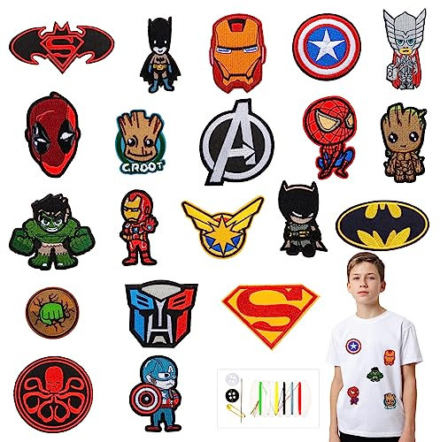 Flicken Zum Aufbügeln Kinder mit Avengers Superhelden 20 Stück Patches Zum Aufbügeln Bügelflicken Kinder Aufnäher Patches Aufnäher Sticken Kinder für DIY T-shirt Jeans Kleidung Bügelbilder Textilien